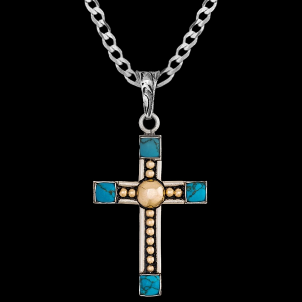 Our Deuteronomy Cross Pendant Necklace features a german silver base, embellished with bronze beads and turquoise stones. Pair it with a special discount sterling silver chain today!
